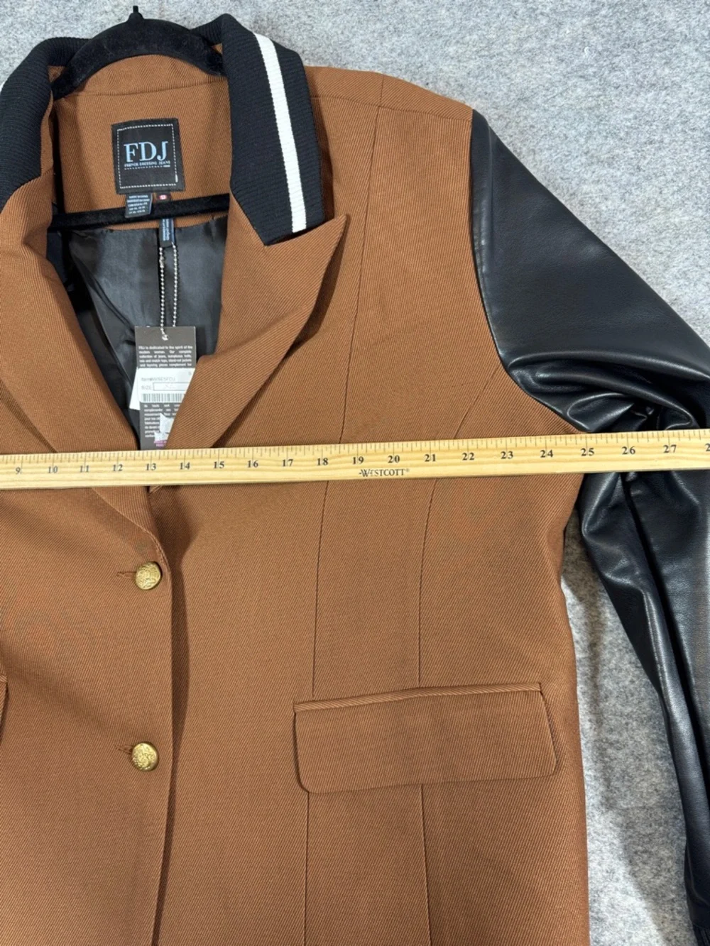 FDJ Brown Wool Blend Varsity Jacket Black Faux Leather Sleeves Preppy Chic XL - Picture 9 of 16